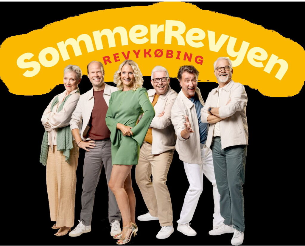 Bente Eskesen, Sebastian Harris, Annette Heick, Mickey Pless, Gordon Kennedy og Karsten Jansfort i Nykøbing Falster Revyen 2026. PR-foto.