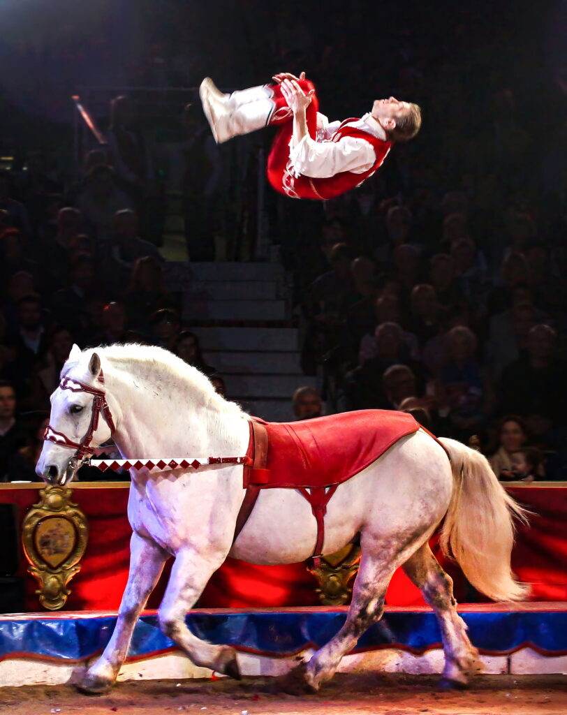 Trup Donnert med deres halsbrækkende rytterakrobatik i Cirkus Arena 2026. Foto: Lise Kokholm / Cirkus Arena.