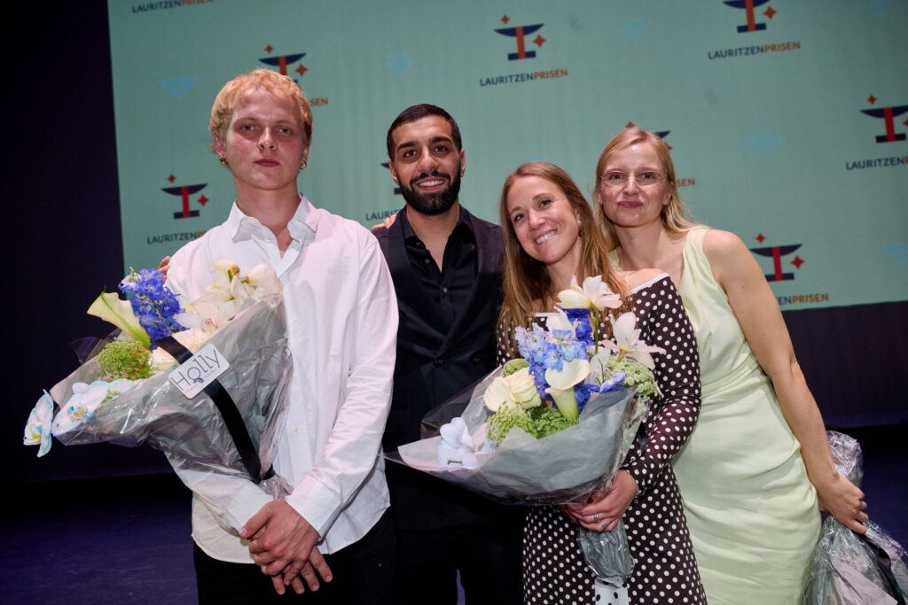 Modtagerne af Lauritzen Fondens Believe in You-priser 2026. Thorbjørn Hedegaard, Soheil Bavi, Emilie Thalund og Clara Dessau. Foto: Carsten Lundager.