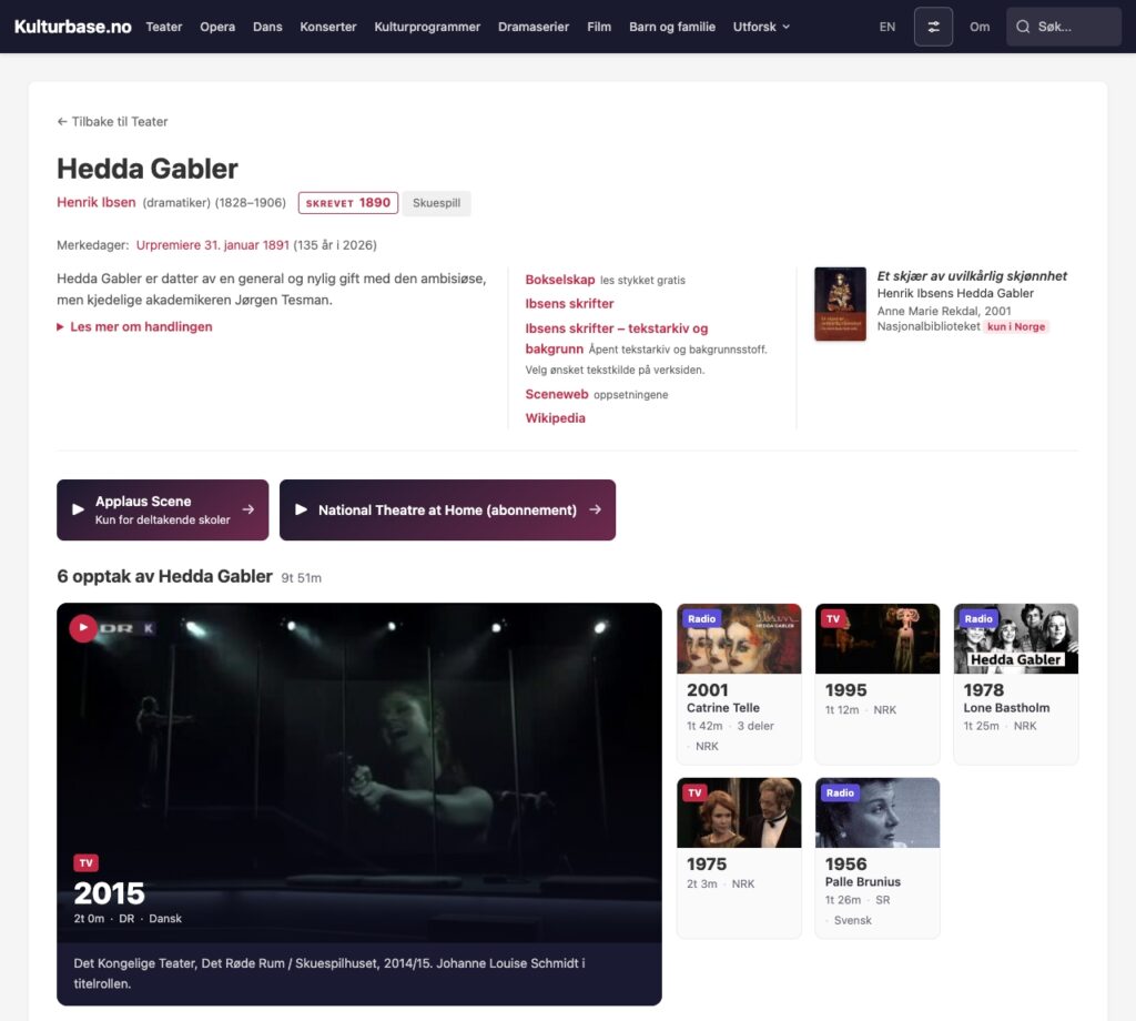 Kulturbase.no - en hjemmeside, der giver mulighed for at slå værker, titler og kunstnere op og finde links til der, hvor kulturen transmitteres. Her flere versioner af Hedda Gabler.
